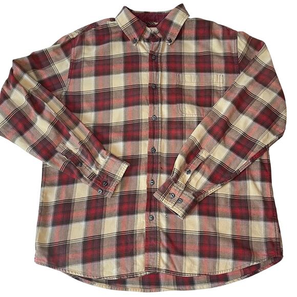 Weatherproof Vintage Men Shirt L Red Beige Brown Plaid Worn-In Grunge Workwear - Picture 1 of 12